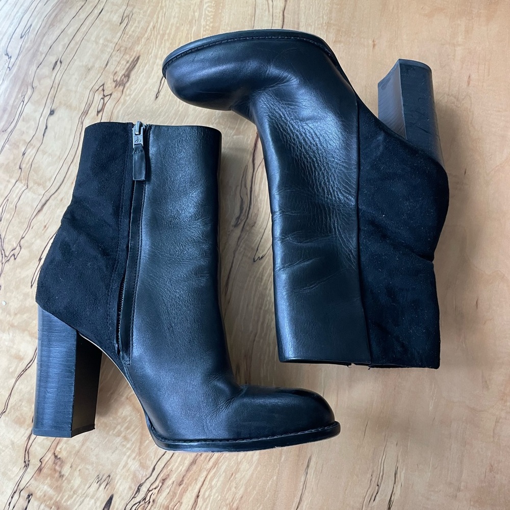 Sam Edelman Reyes Black Two Toned Leather and Suede Heeled Ankle Boots - Picture 2 of 10